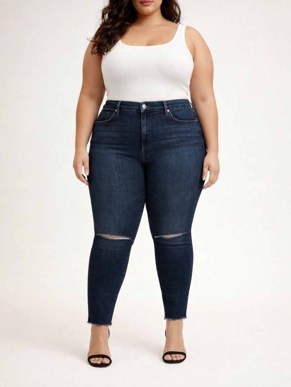 Good American Good Waist Crop Skinny Jeans Sculpting Dark Wash Ripped Knee 24
